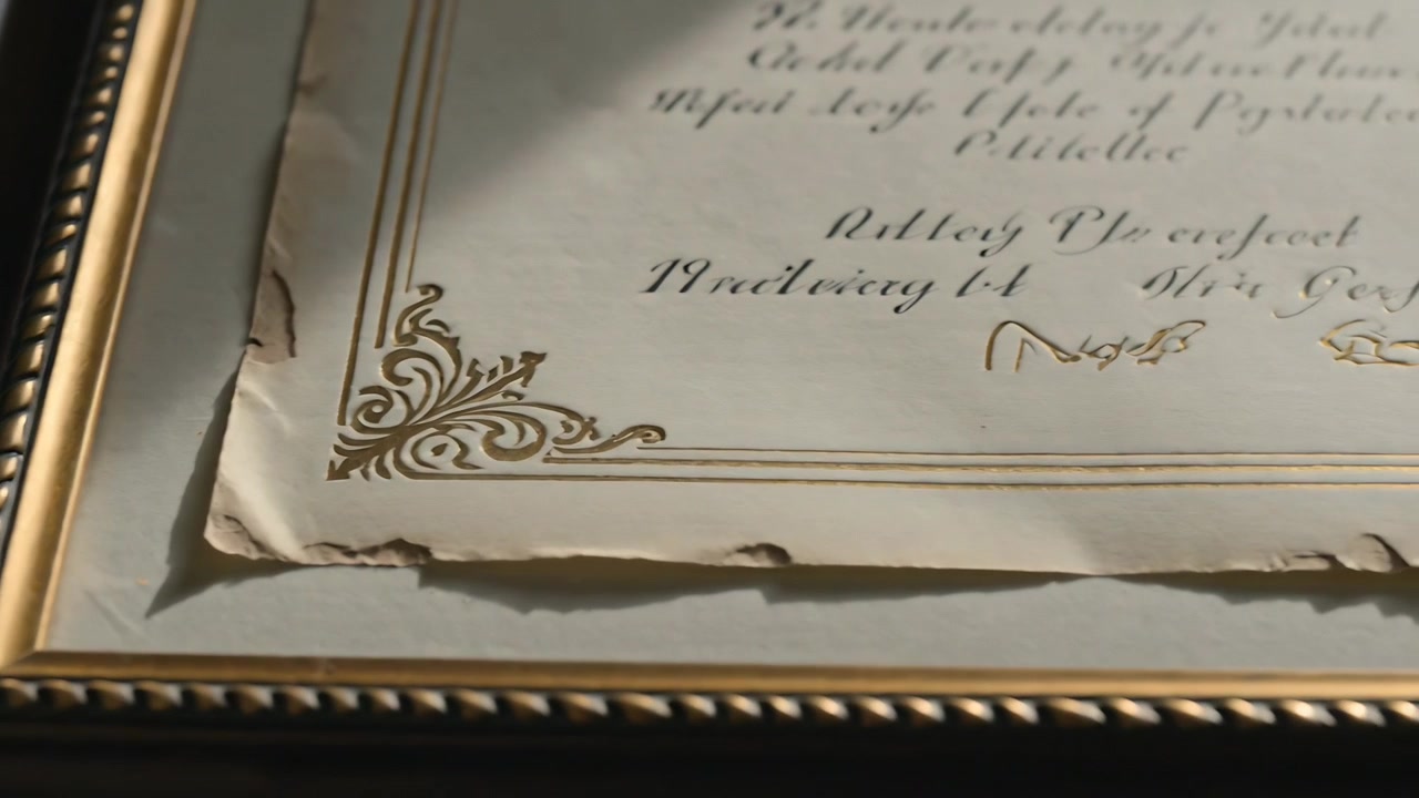 Sliding camera revealing aged certificate in dim interior, highlighting torn margin and signatures
