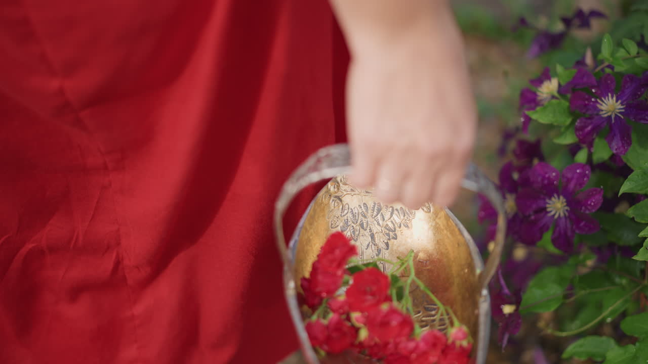 Red dress holding gold basket, red carnations spilling on gravel path, purple clematis at edge, closeup of hand and fabric, vintage brass texture, serene pastoral mood and slow cinematic motion