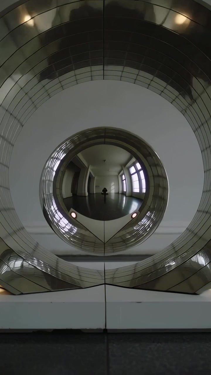 Vertical video: Zooming camera revealing shiny metal circle in gallery, framing distant silhouette