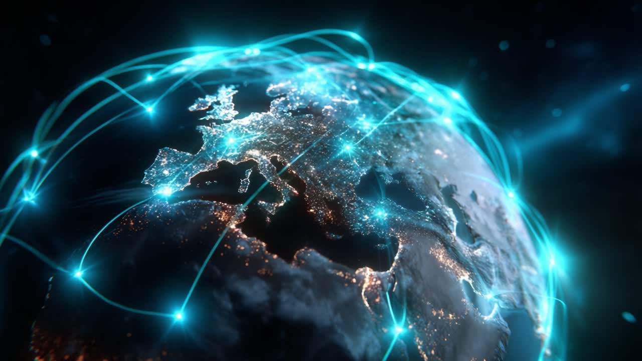 A Captivating Visual of Earth Highlighted with Dynamic Network Connections Illuminating Europe and Beyond, Representing the Interconnectedness of Our Global Society in the Digital Age