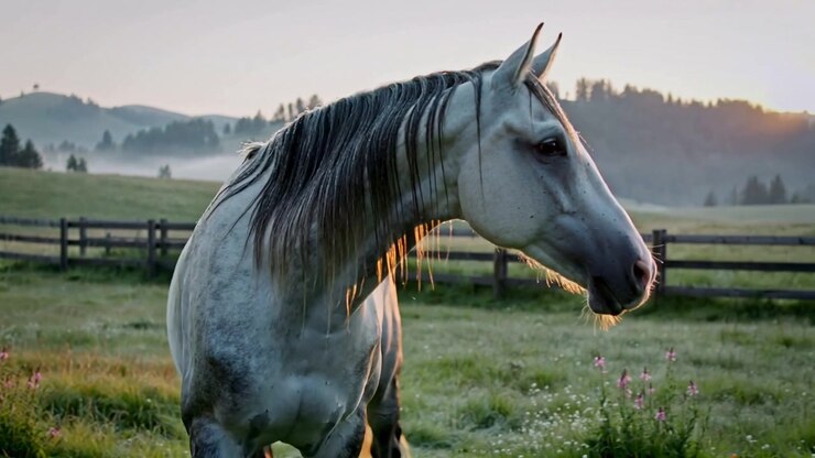 Grau-weißes Pferd hebt den Kopf und dreht sich nach rechts auf einer Weide, mit Holzzaun, nebliger Sonnenaufgang