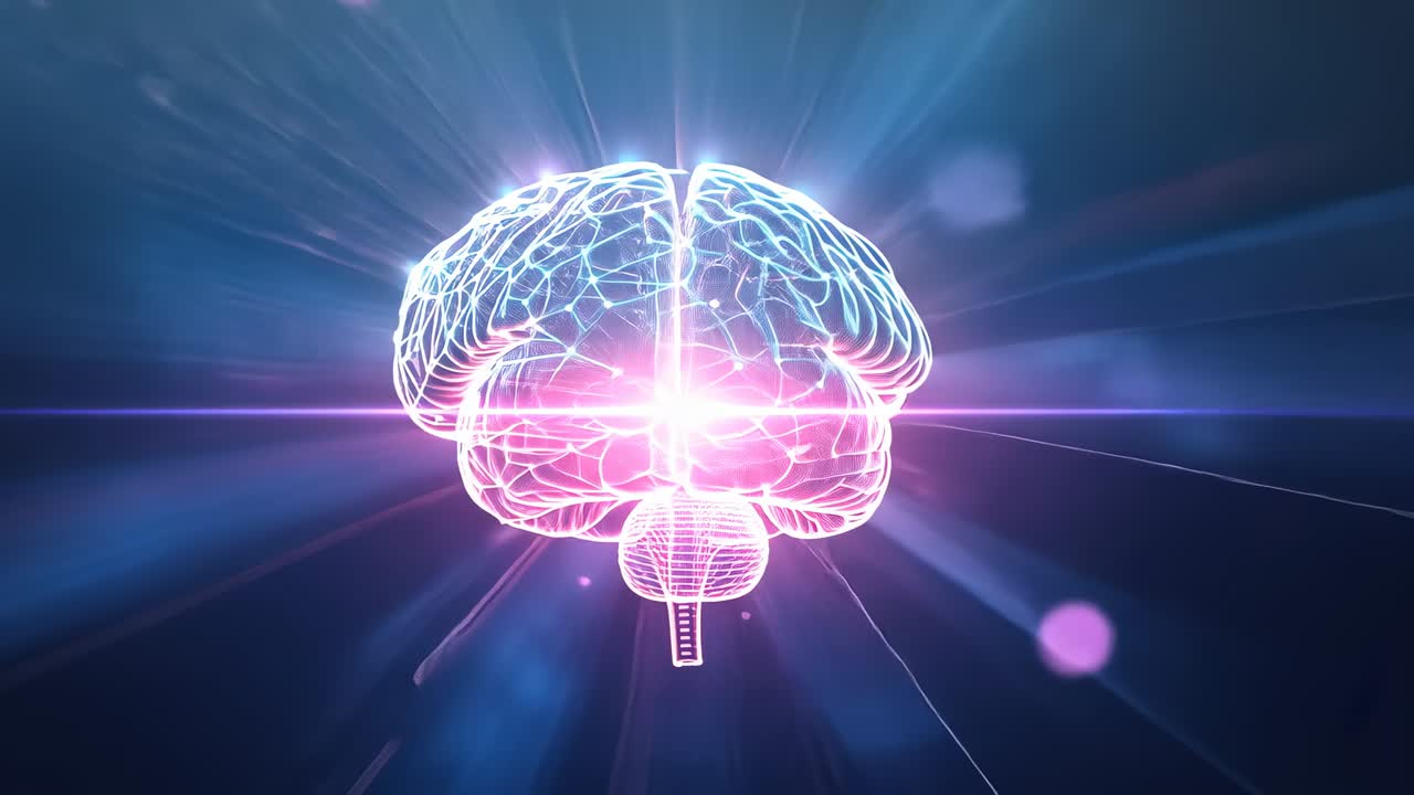 Nucleo pulsante che innesca la rotazione di un cervello wireframe al neon nello spazio, con raggi radiali e riverberi