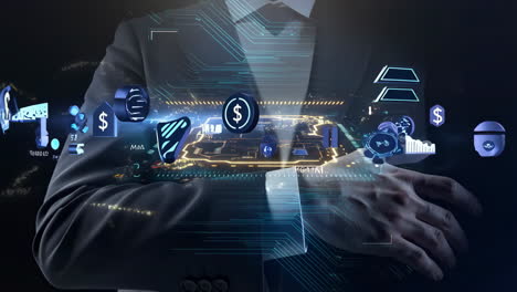 digital finance and business network interface with businessman