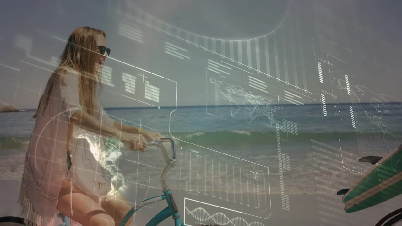 HUD tech appearing, woman pedaling bicycle on wet sand, tracking metrics around bike, board passing