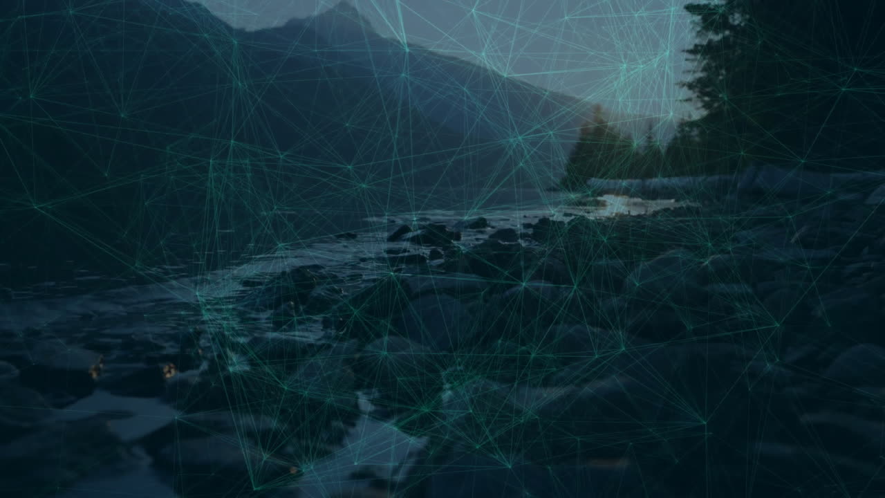 Network of connections and data processing animation over mountain landscape