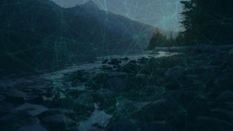 network of connections and data processing animation over mountain landscape