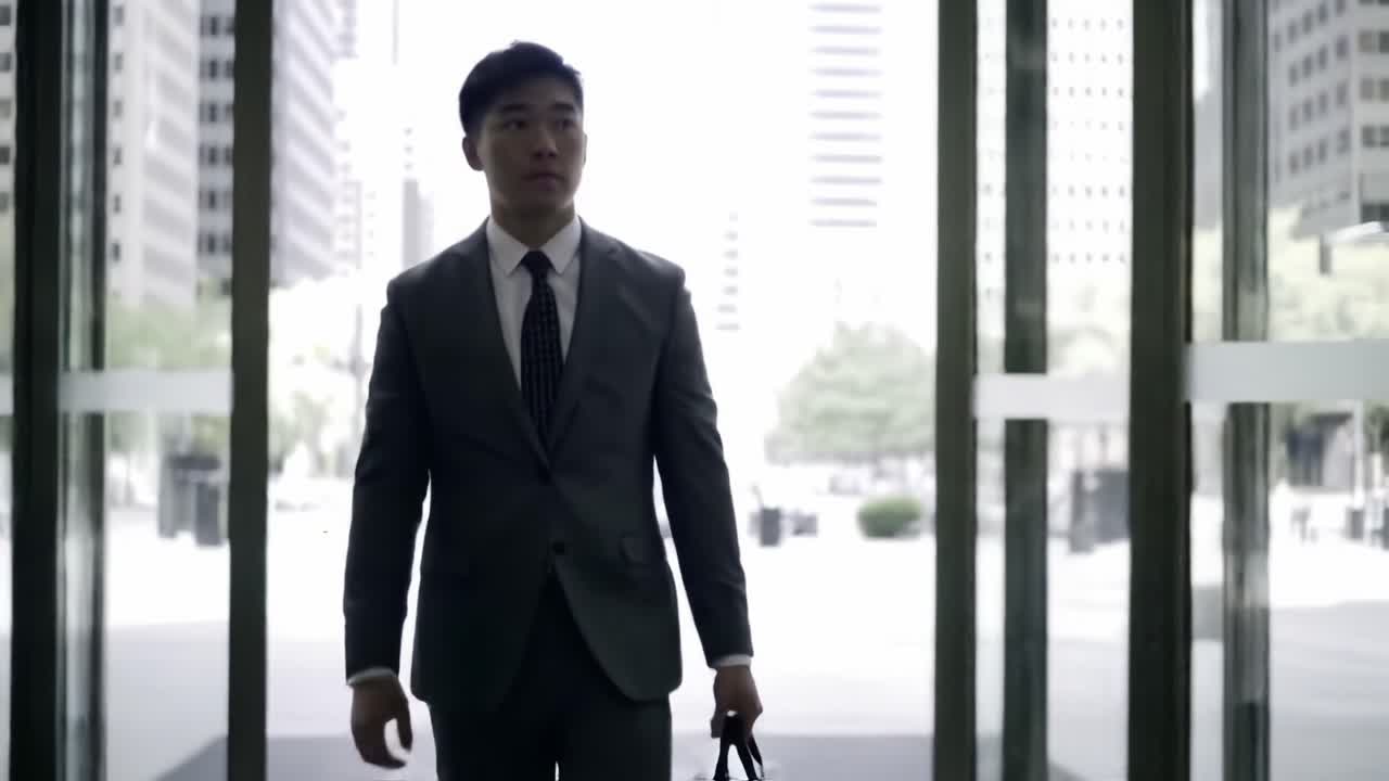 Confident Businessman Walking Through a Modern Glass Entrance, Reflecting Determination and Professionalism in a Dynamic Urban Environment