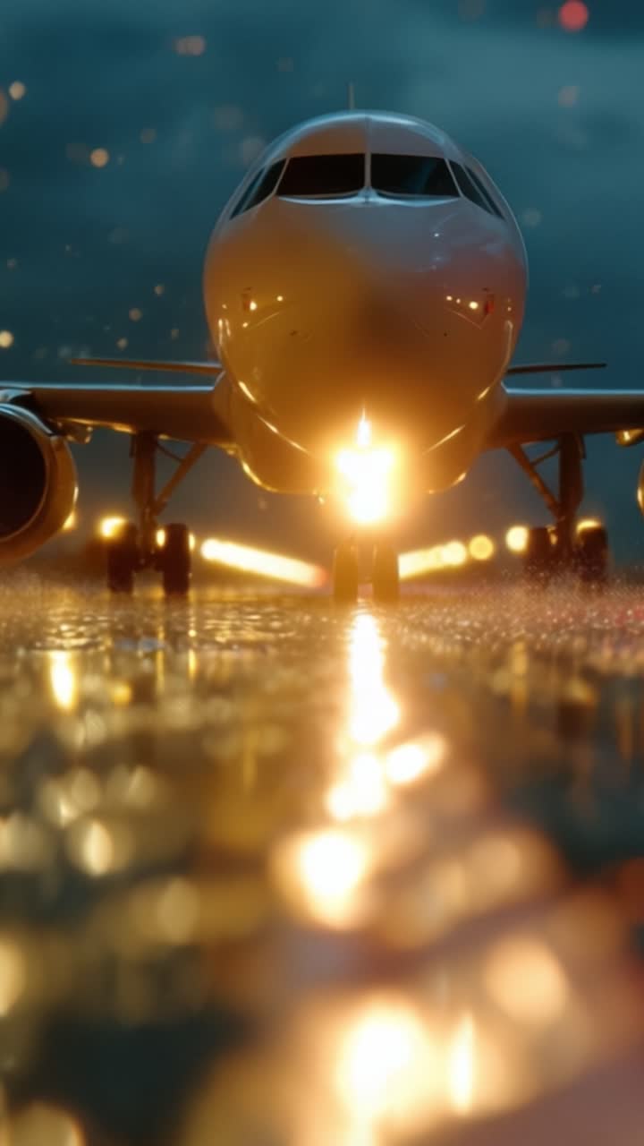 Una impresionante captura de una aeronave preparándose para despegar al amanecer, iluminada por luces brillantes que se reflejan en una pista mojada, mostrando la maravilla de la aviación en acción