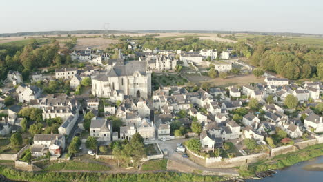 aerial drone point of view of the village of candes saint martin on the confluence of the loire and vienne rivers in central france