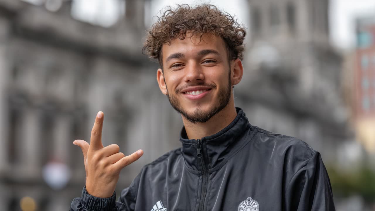 Un giovane uomo con i capelli ricci sorride con sicurezza, mostrando un atteggiamento positivo e interagendo con la fotocamera su uno sfondo urbano elegante.