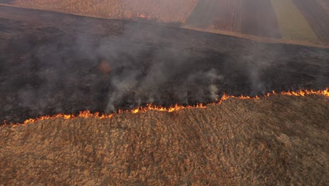 aerial view of spring dry grass burning field. fire and smoke in the meadow, nature pollution, common waste are burned in romania