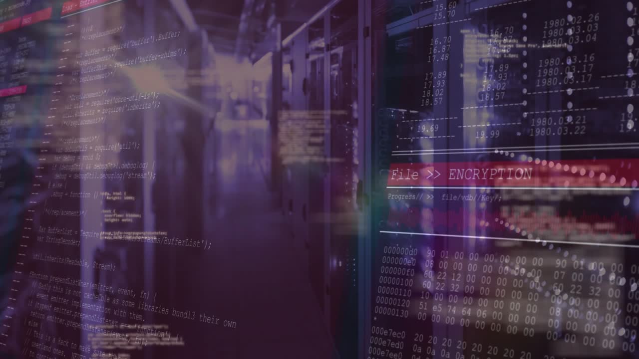 On code drift server corridor gliding while encryption bar appearing scrolling hex for encryption