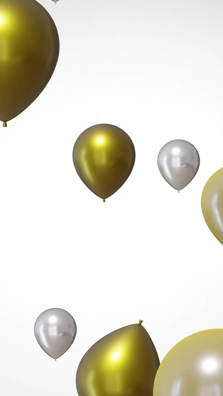 Animazione di palloncini dorati e argentati su sfondo bianco.