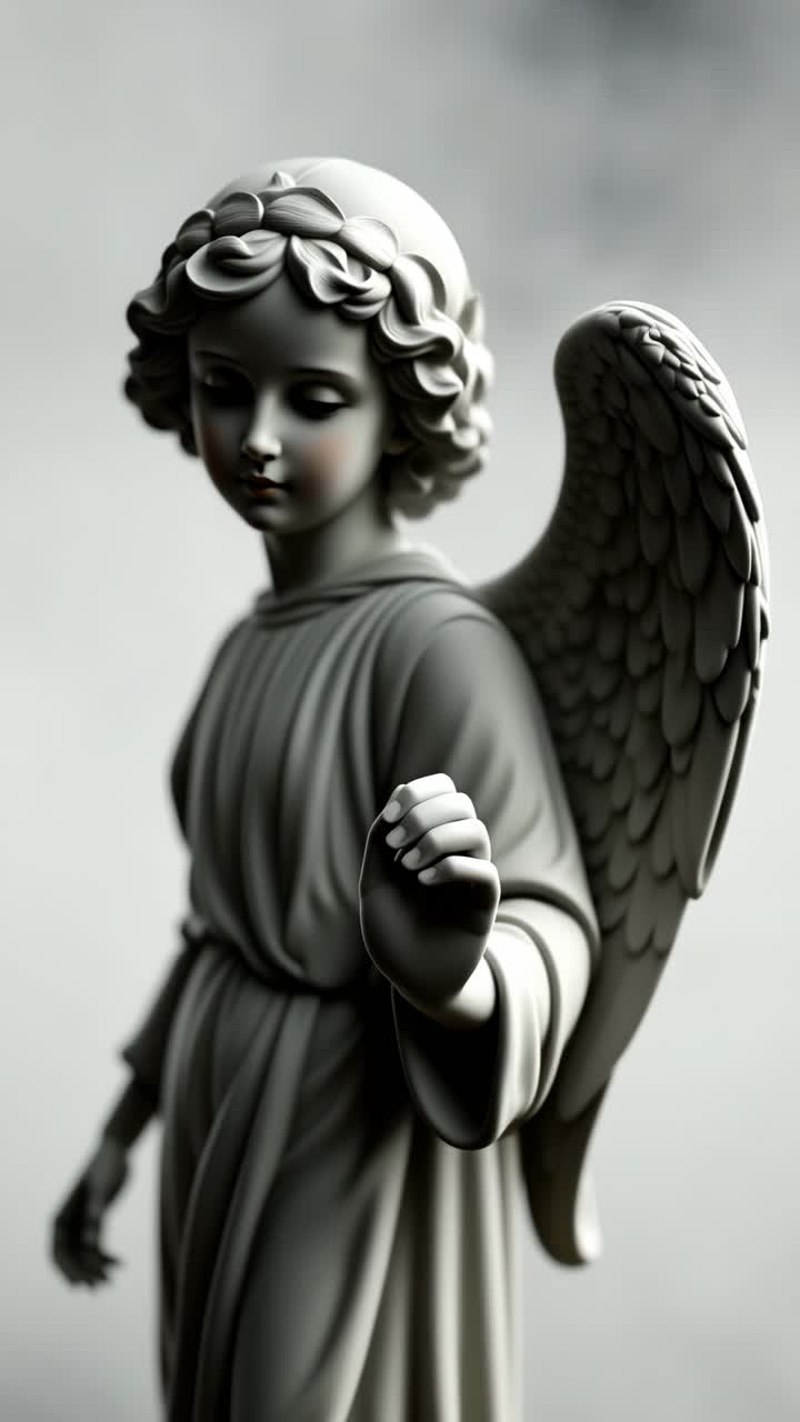 A serene angel statue in grayscale, captured from a side angle. The soft focus creates a dreamy