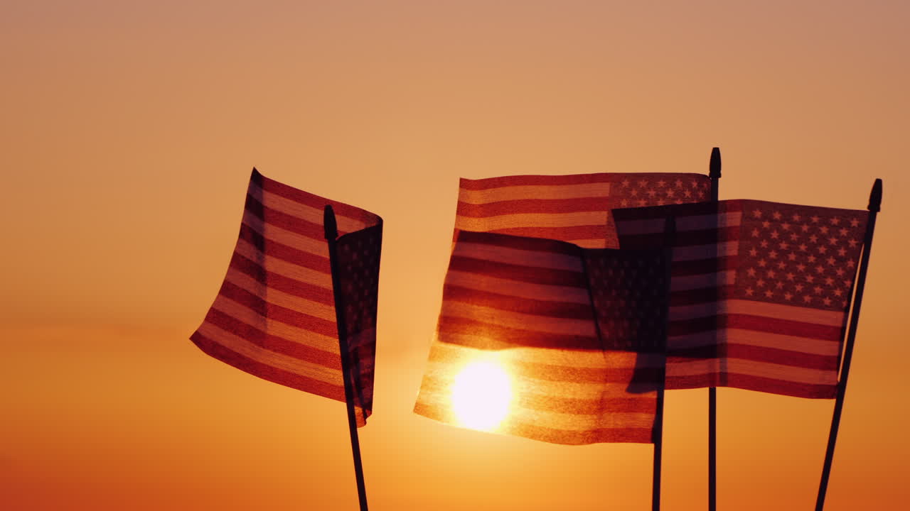 American Flags In The Rays Of The Setting Sun Independence Day Celebration In The Usa