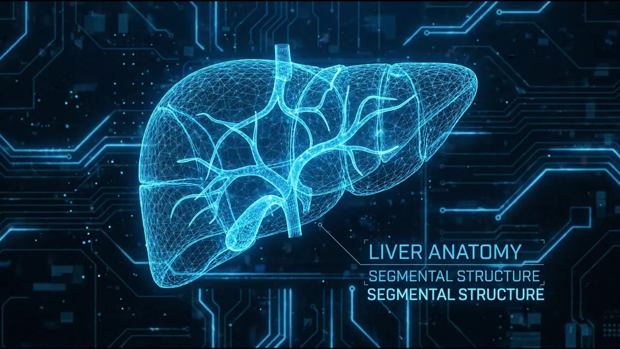 Glowing blue liver wireframe with branching vessels on dark medical background