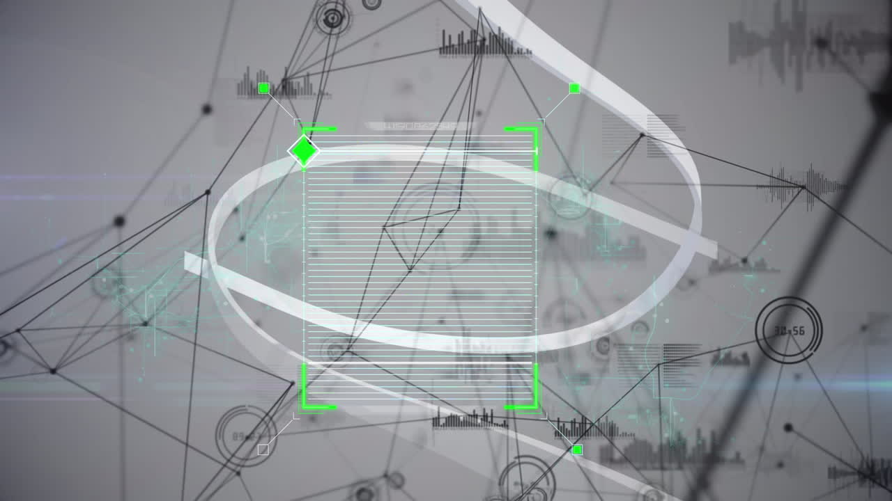 анимация линий, движущихся в квадрате над спиральным рисунком против соединенных точек и икон графиков