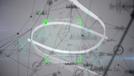 animación de líneas que se mueven en cuadrado sobre un patrón espiral contra puntos conectados e iconos de gráficos