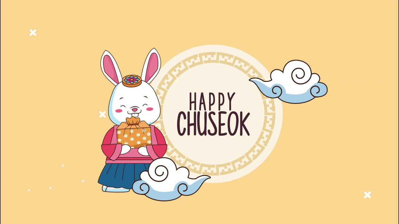 letras chuseok felices en marco circular con conejo y regalo