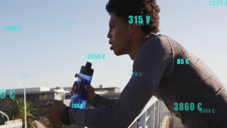 animation of changing numbers, currency symbols, african american athlete drinking water
