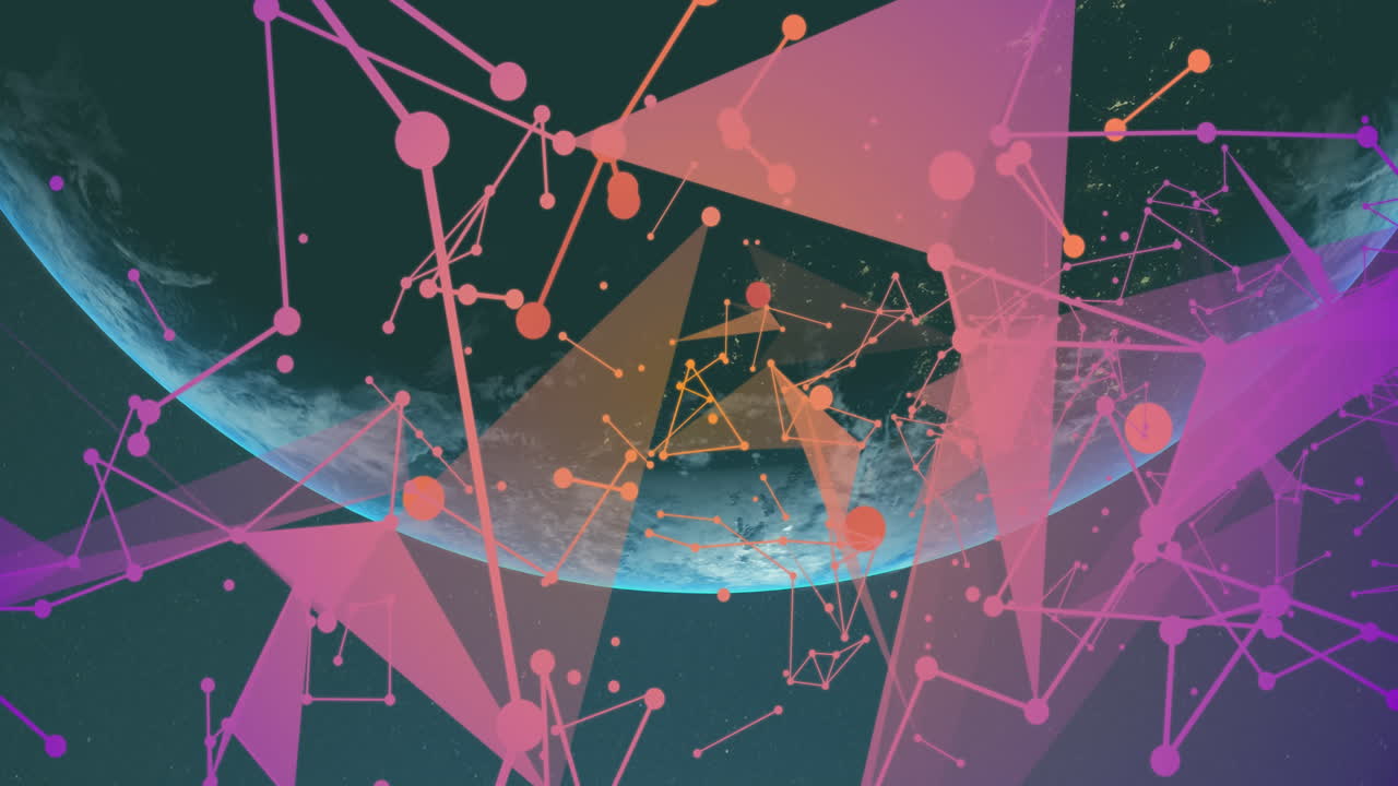 red de comunicación rosada y naranja moviéndose sobre el planeta tierra.