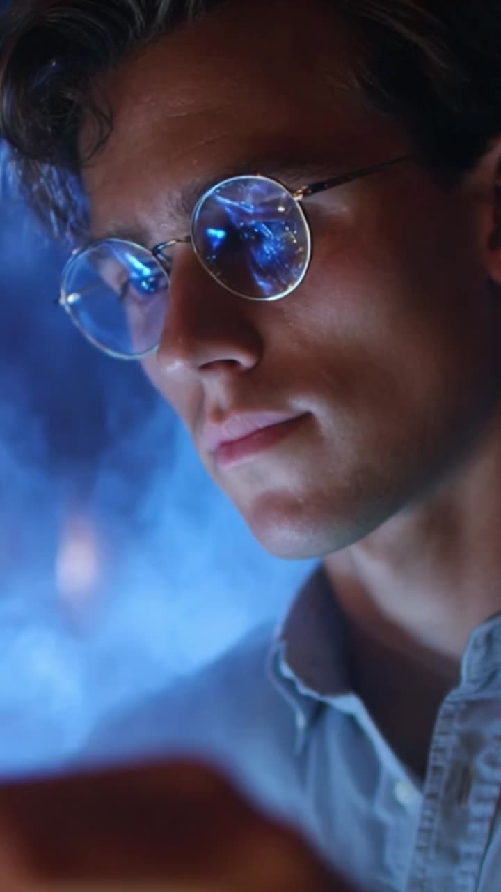 A close-up view of a person wearing round glasses, gazing thoughtfully. The blue light reflecting on their glasses creates a captivating and serene ambiance