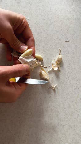 peeling garlic wooden board chef chop cloves in kitchen cooking aromatic condiment fresh flavorful sauce preparation gastronomy culinary slicing spices seasoning traditional south american technique