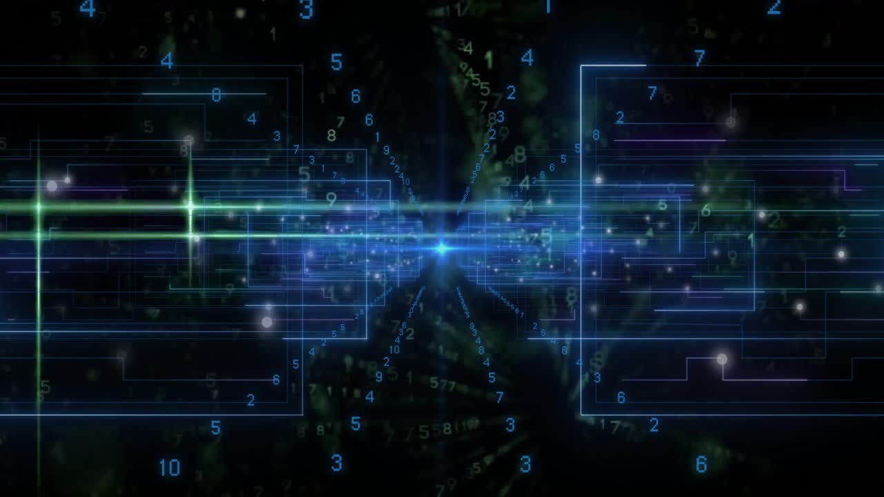 Green beam intersecting blue beam starting numeric particles spiraling grid corridor showing data
