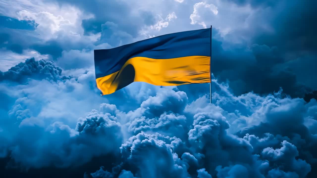 우크라이나 발이 구름 위 하늘에 높이 날아다니고 있습니다.