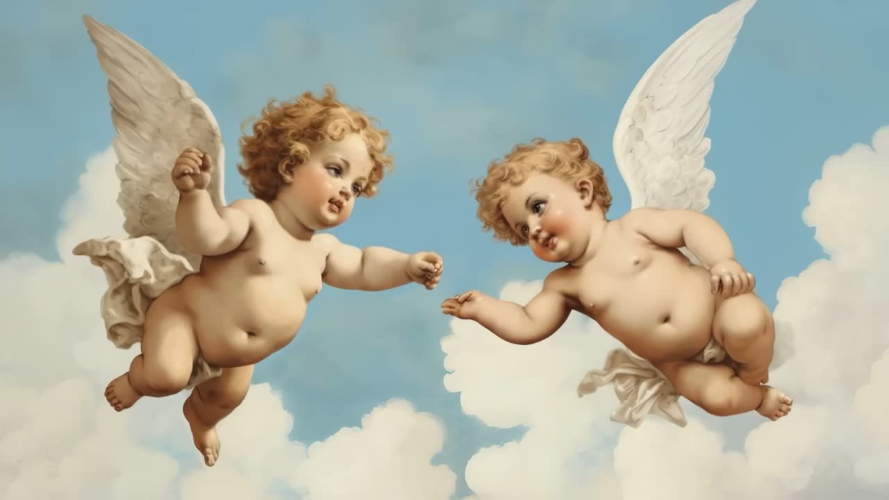 Two cherubs with wings float in a cloudy sky, captured from a low angle