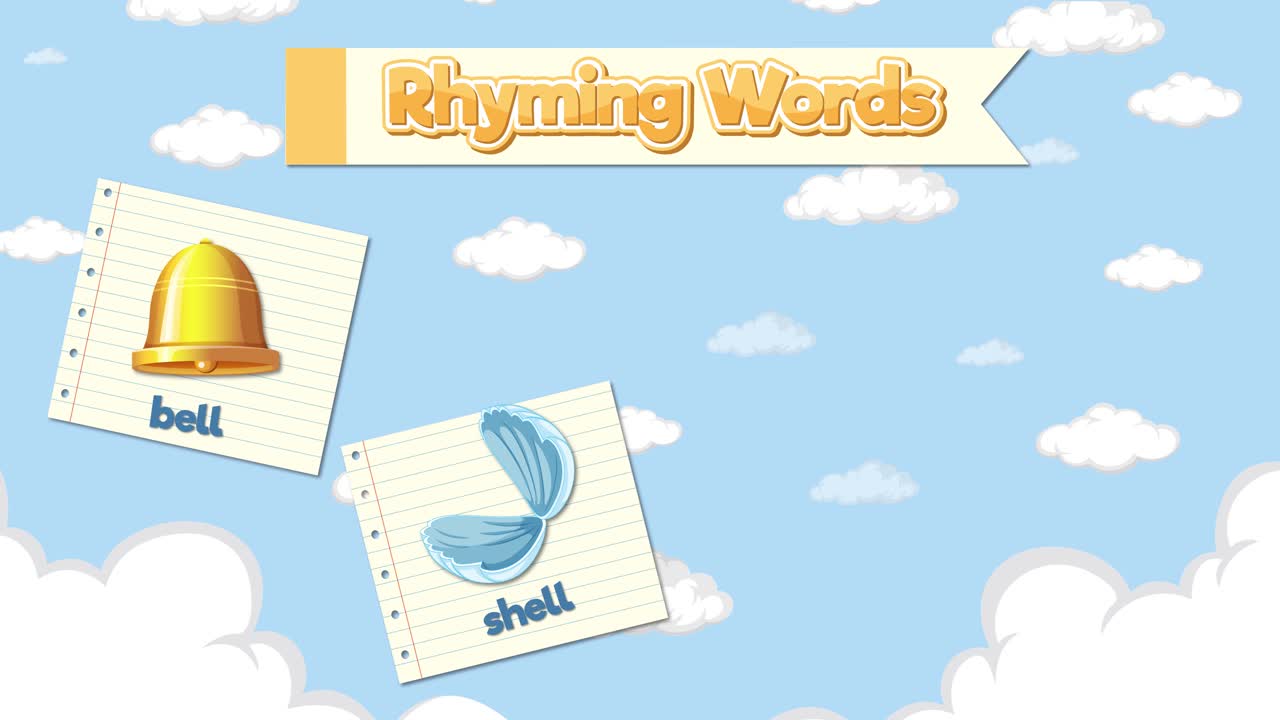 Animated flashcards appear against a blue sky background teaching children rhyming words and phonics