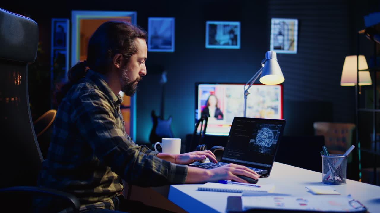 scienziato dei dati che aggiorna le reti neurali di intelligenza artificiale, scrive codice