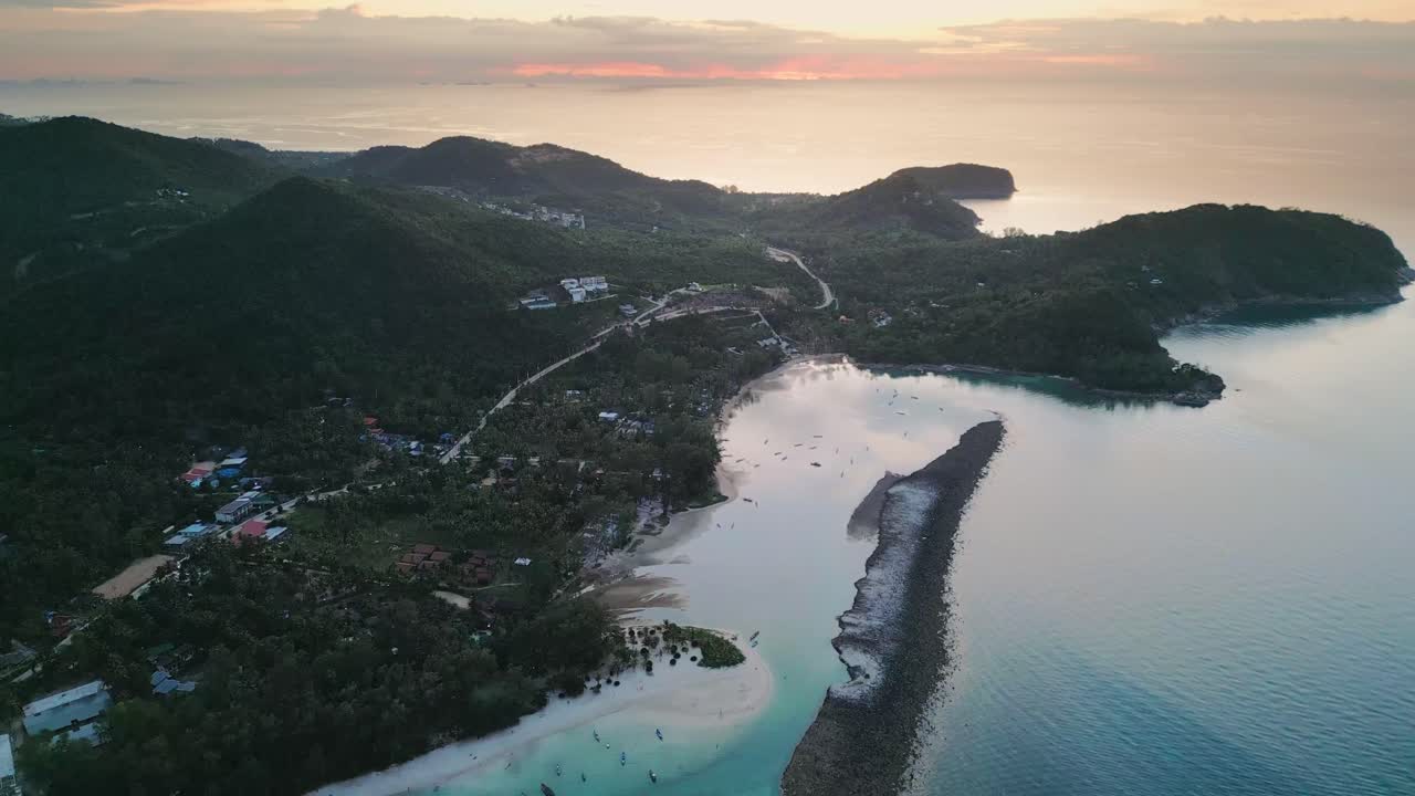Drone fly at Koh Pha Ngan Thailand Island Sunset beach town, panoramic landscape