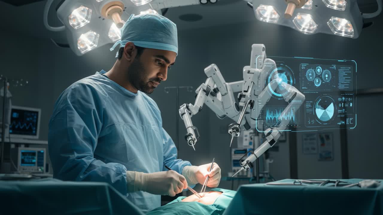 A Surgeon and Robotic Assistant Collaborate in a High-Tech Surgical Procedure, Utilizing Advanced Technology for Precision and Efficiency in the Operating Room