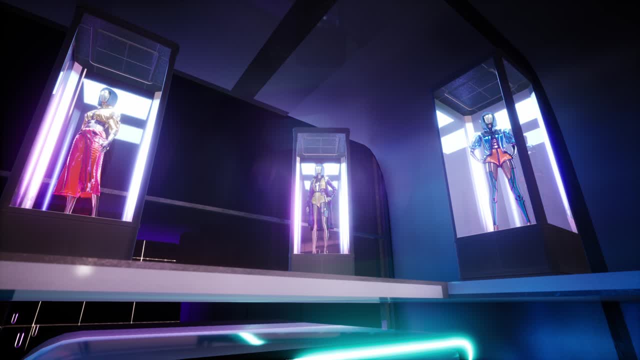 여름 옷을 입은 진열장에 서있는 패션 인형의 3d 애니메이션