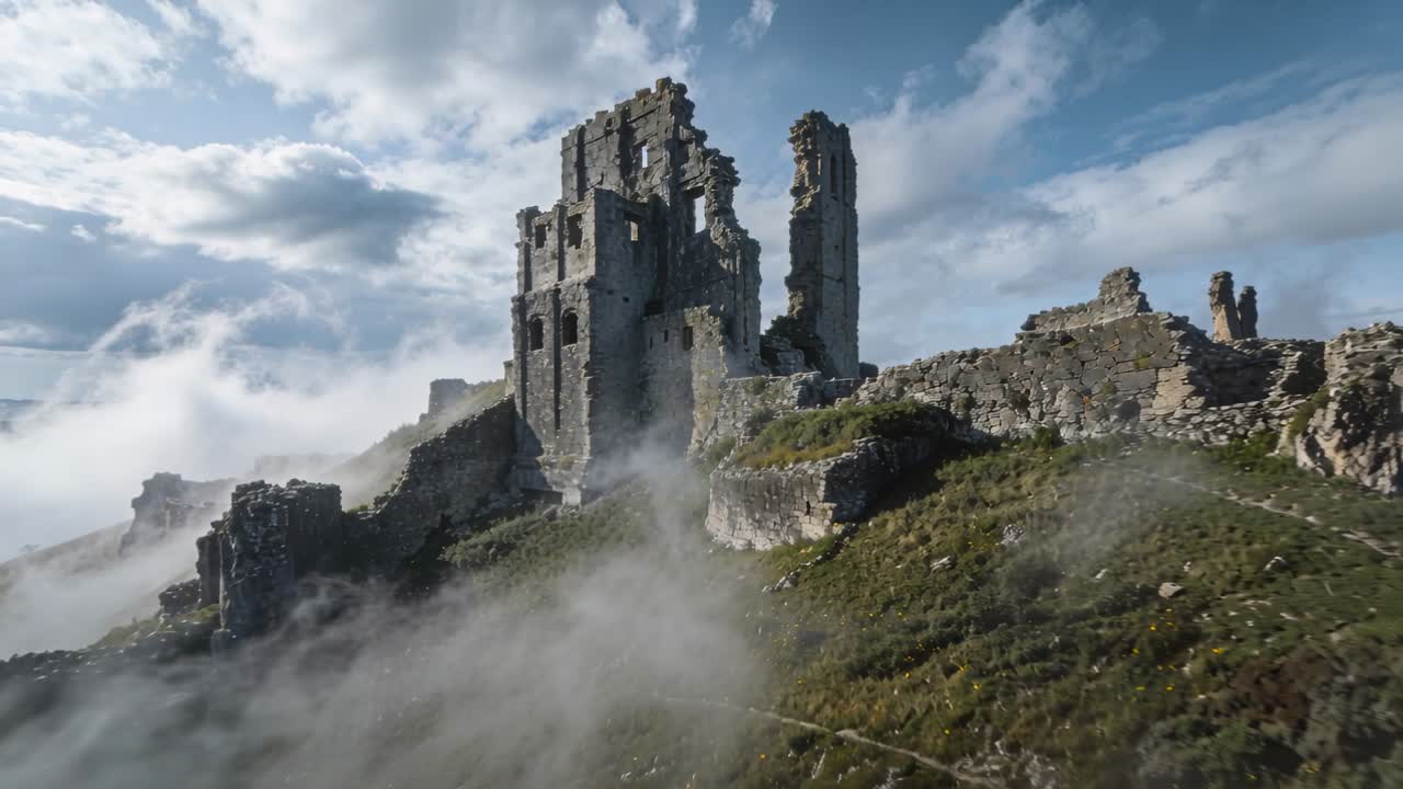 Telecamera drone che si avvicina a un castello in rovina in cima a una collina, con la nebbia che si dirada e rivela le mura.