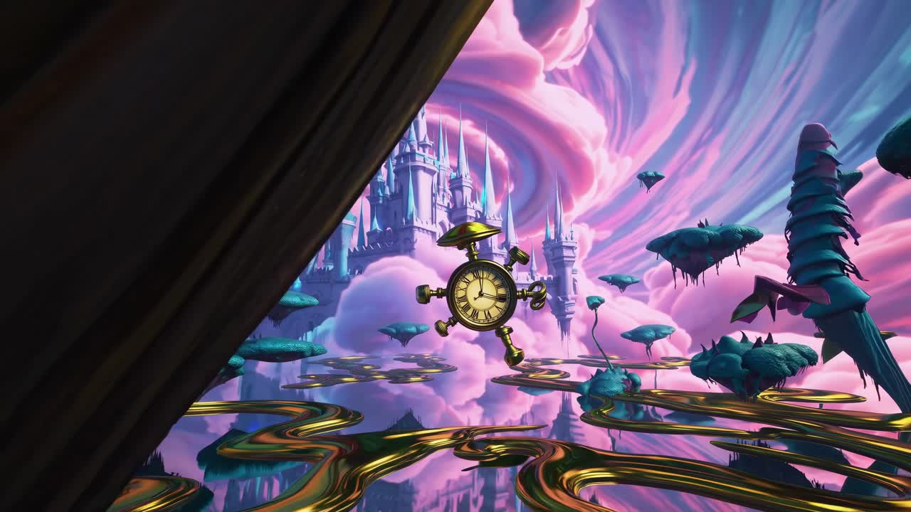 Paisagem de fantasia surreal com ilhas flutuantes e céus rodopiantes