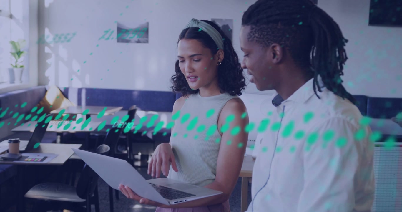 Vertical video: Holding laptop, woman tank showing file man shirt checking at office teal overlay