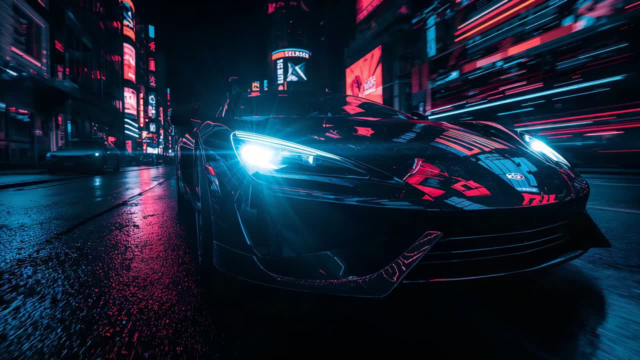 Ripresa della camera che segue un'auto sportiva nera che percorre un viale illuminato al neon, con i fari che riflettono i LED
