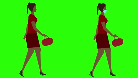 women walking cycle seamless loop , face mask version, green screen chroma key animation, flat design