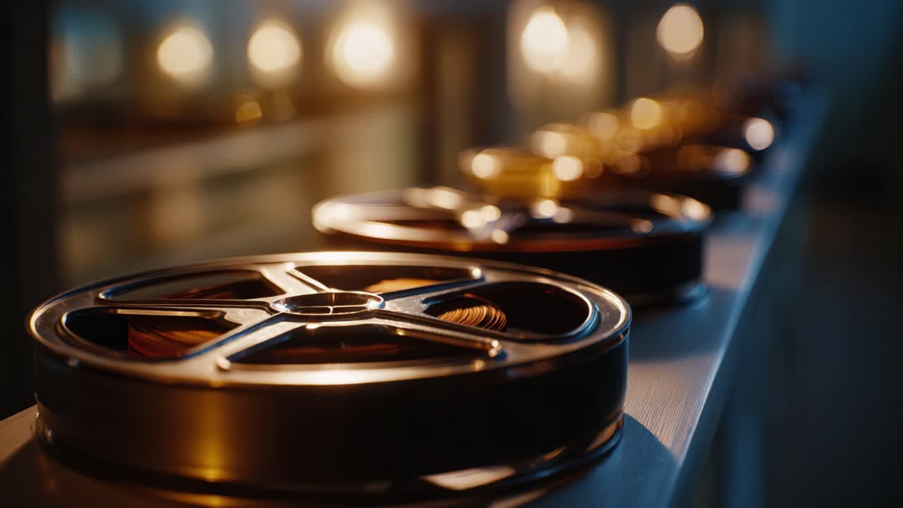 En række vintagefilmruller belyst af blød belysning, der fremviser skønheden og nostalgien fra den filmiske historie i et mørklagt miljø