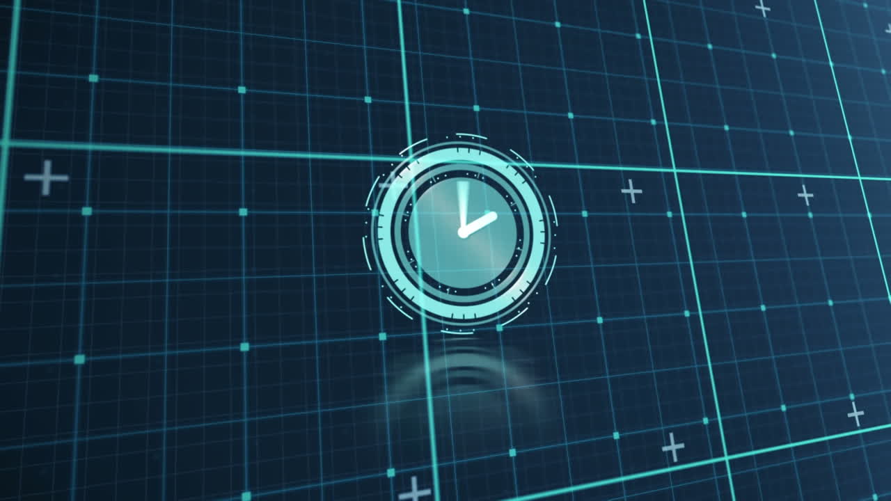 Animation of clock with turning hands over grid on black background