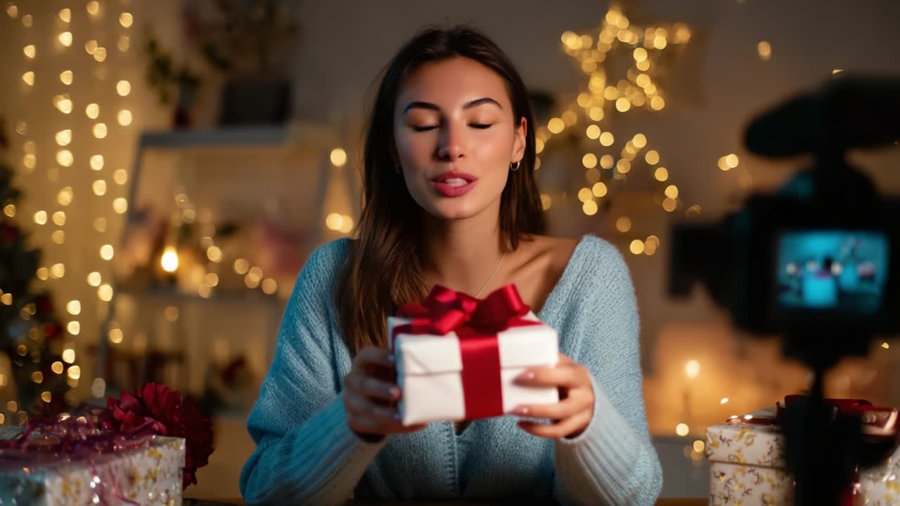 A cheerful woman in a cozy blue sweater, seated amid festive decorations and twinkling lights, holds a beautifully wrapped gift adorned with a red ribbon, radiating holiday joy and warmth