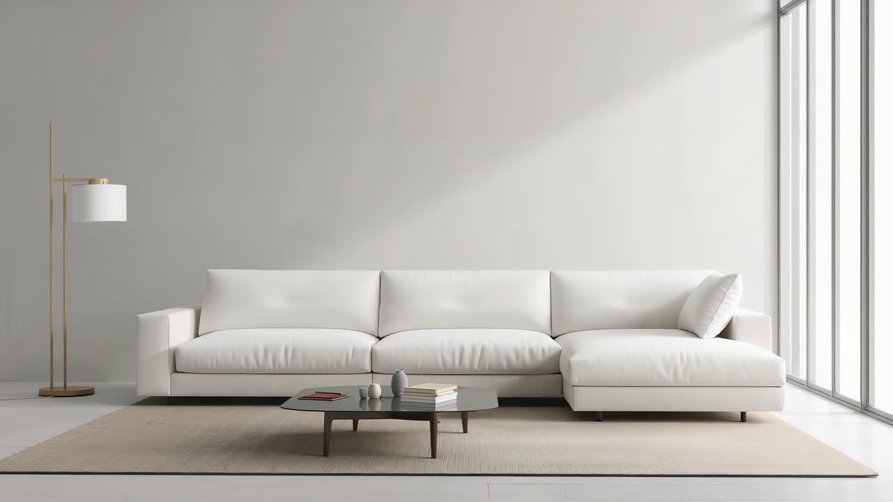 Holding fixed camera capturing minimalist living room, with white sectional sofa and coffee table