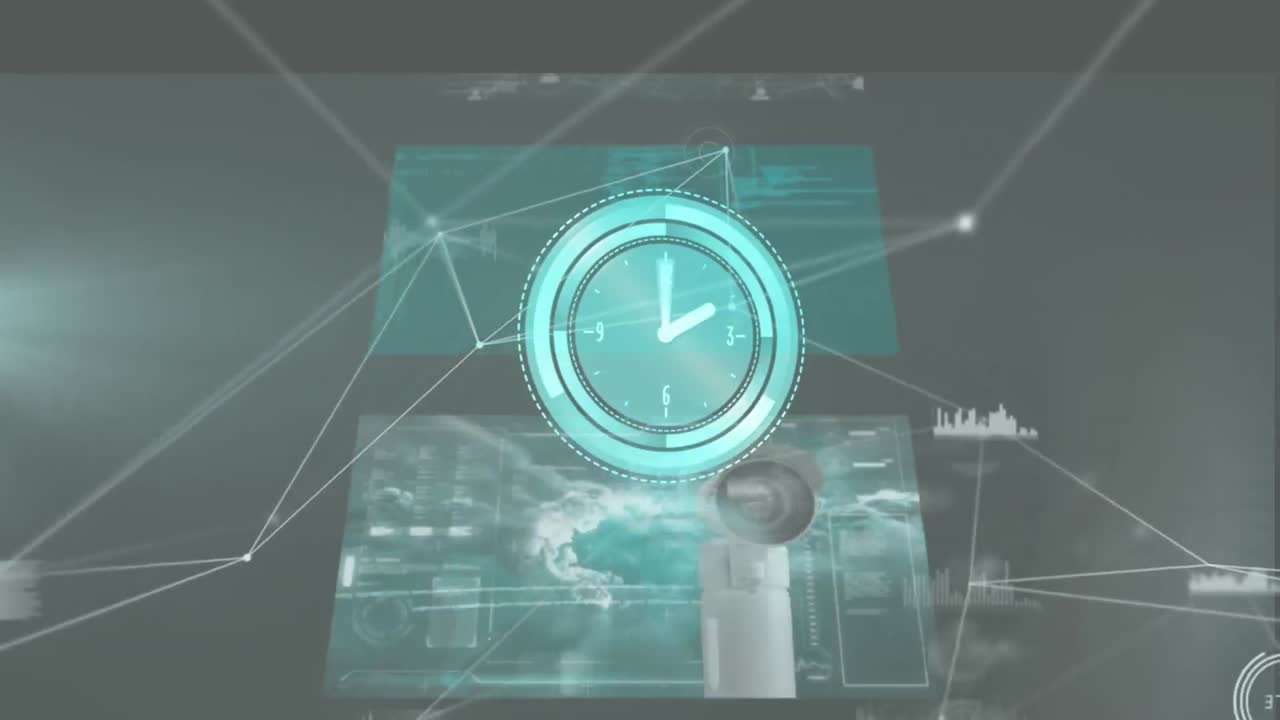 화면과 연결 네트워크에서 데이터 처리를 통해 빠르게 움직이는 시계의 애니메이션