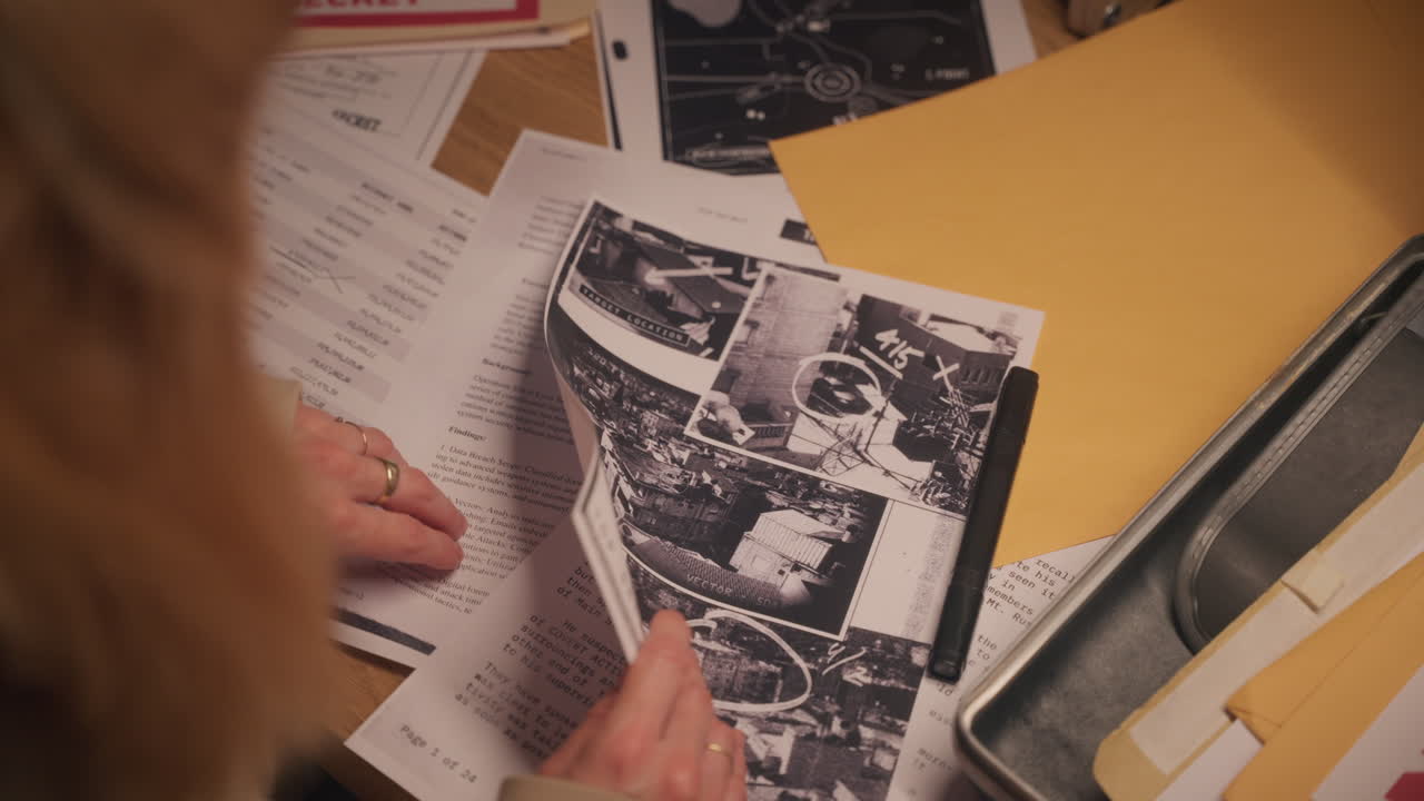 Female detective or government agency analyst and spy reviewing various classified papers and top secret information reports and folders on office desk. Sensitive text revealed and exposed to public