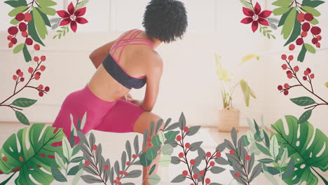 exercising in gym, woman surrounded by floral and berry animation