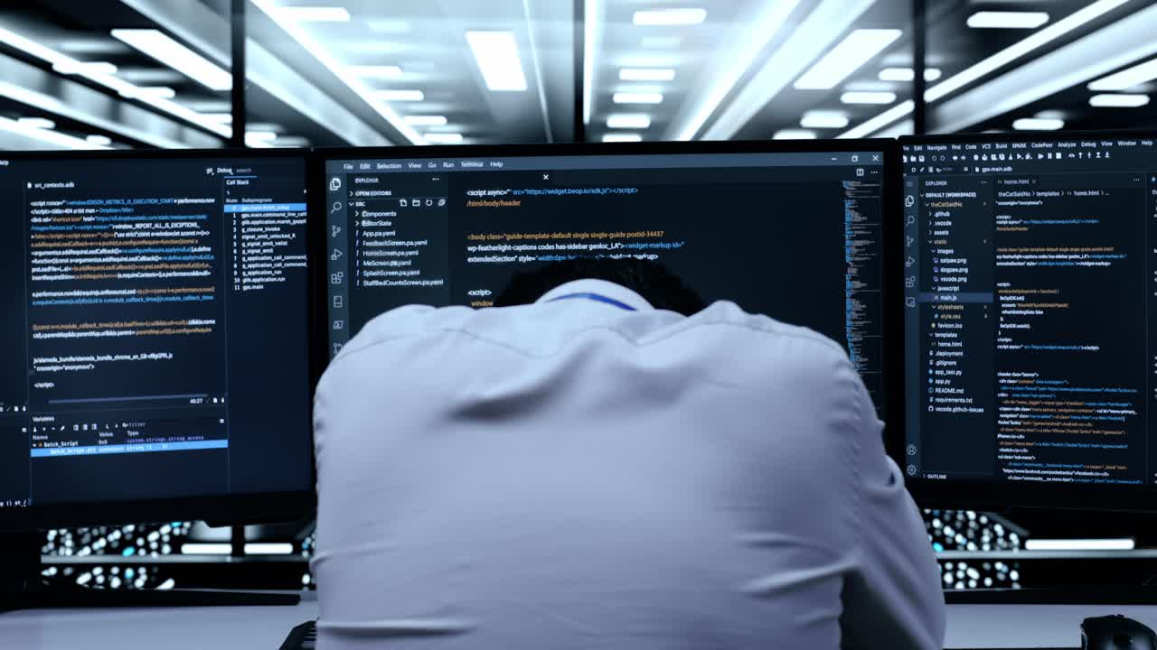 programador cansado en la sala de servidores