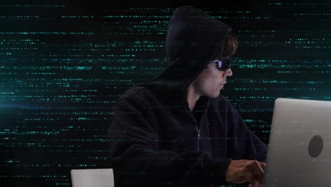 animation of data processing and caucasian male hacker over black background