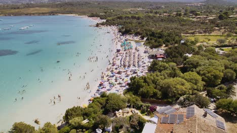 Aerial View of a Crowded Turquoise Beach with Sunbathers and Swimmers